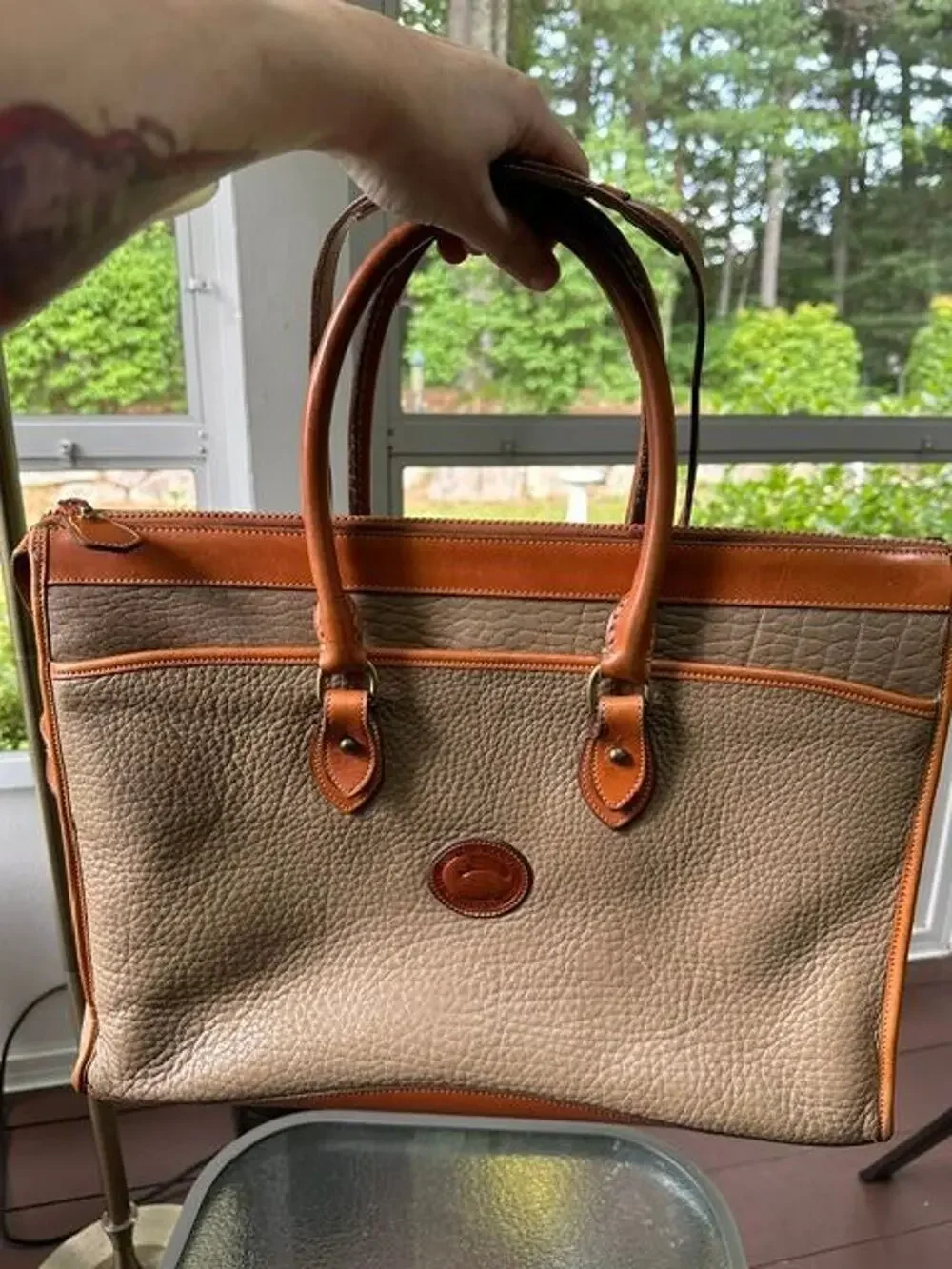 Dooney & Bourke Vintage All Weather Leather Briefcase Bag VGUC Taupe/British Tan